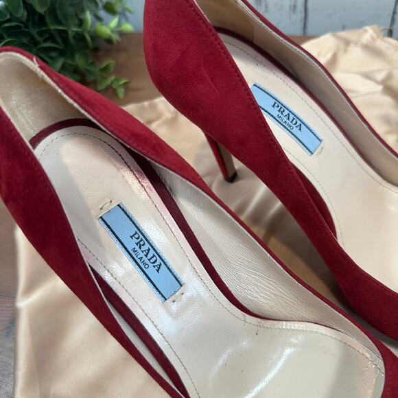 Prada Women's Red Suede leather Pumps Heels Size 38 US 8 - Picture 6 of 9